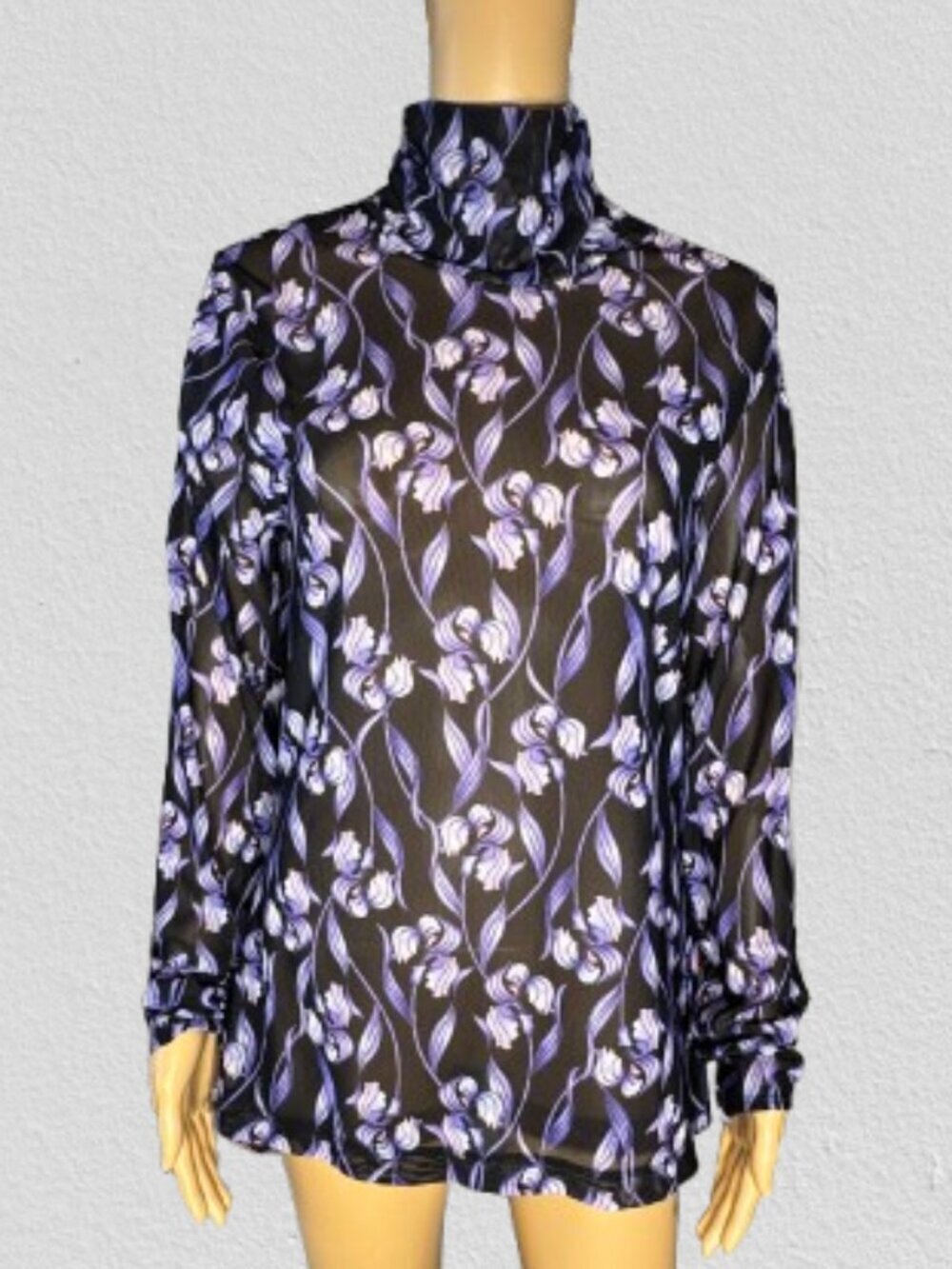 White House Black Market Black Purple Floral Mesh Turtleneck Large
